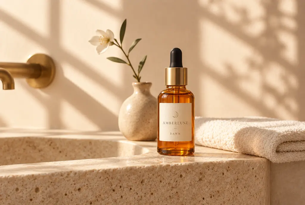 A bottle of Dawn on a stone basin in morning light