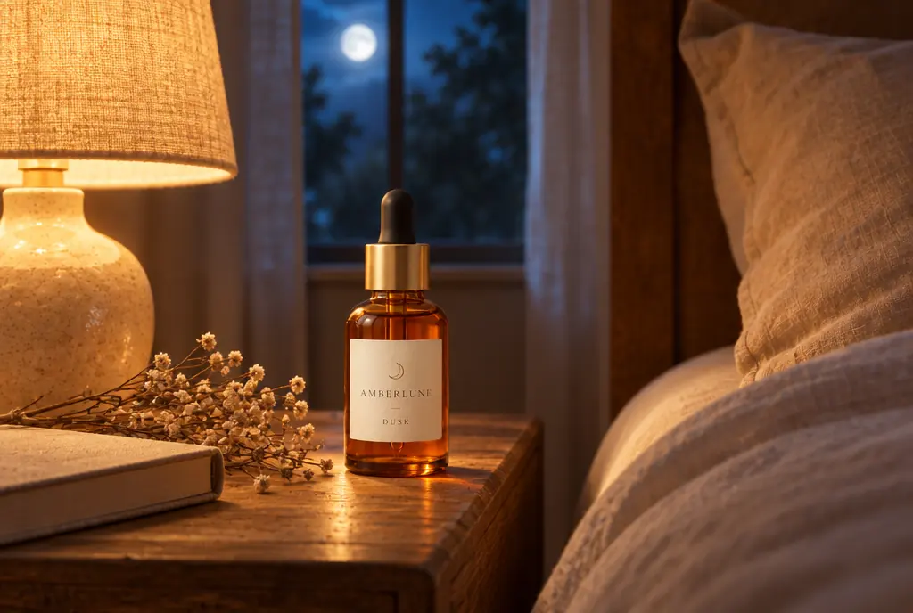 A bottle of Dusk on a bedside table beside a warm lamp and moonlight
