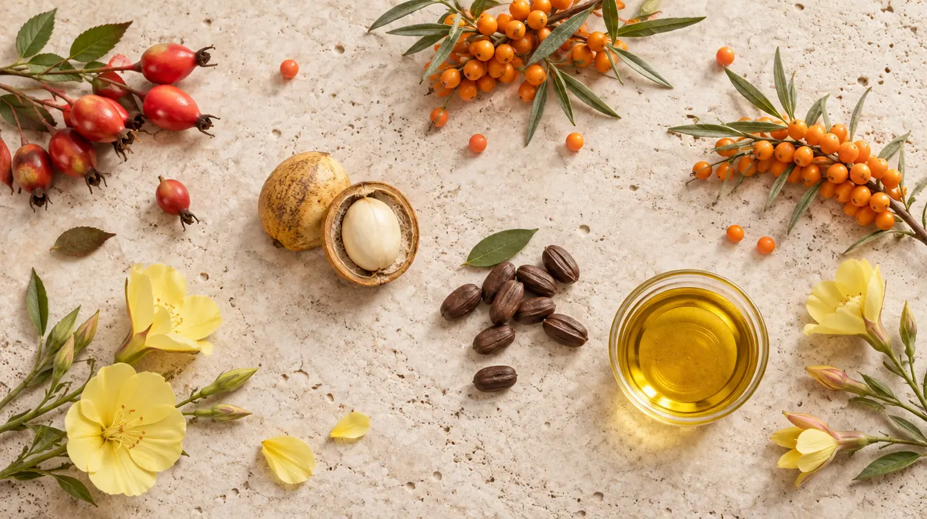 Rosehip, sea buckthorn, marula, jojoba seeds and evening primrose laid out on stone beside a dish of oil