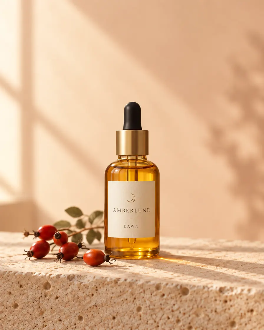 A bottle of Amberlune Dawn on cream stone beside rosehip berries