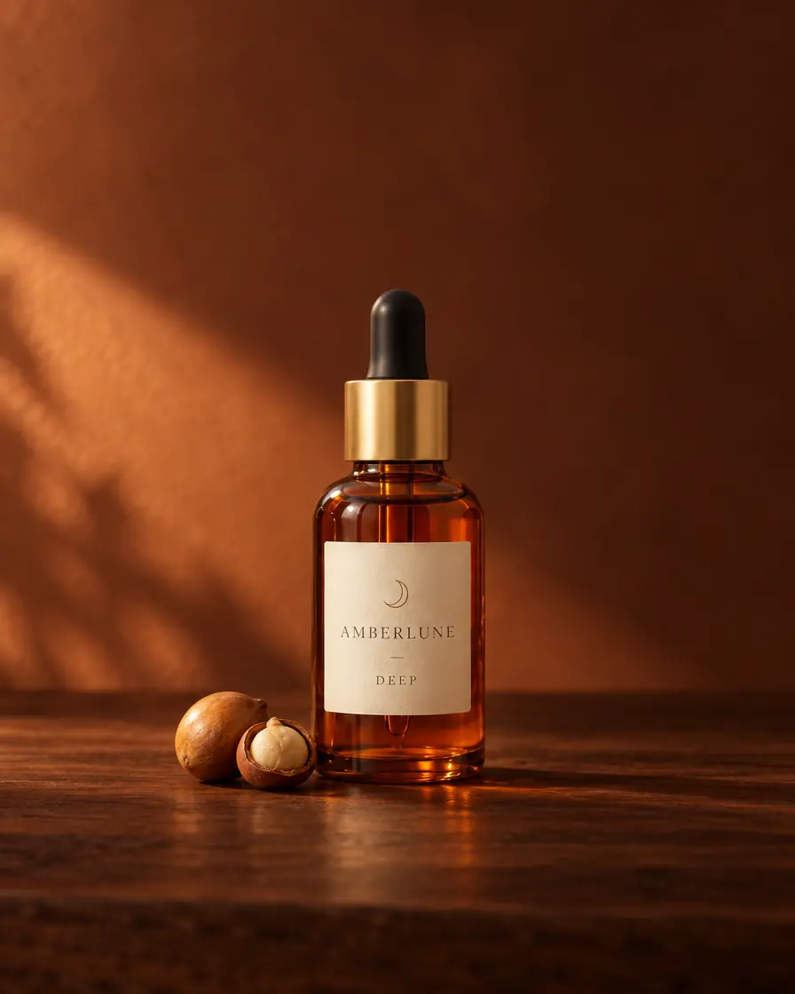 A bottle of Amberlune Deep on dark wood beside marula nuts in lamp light