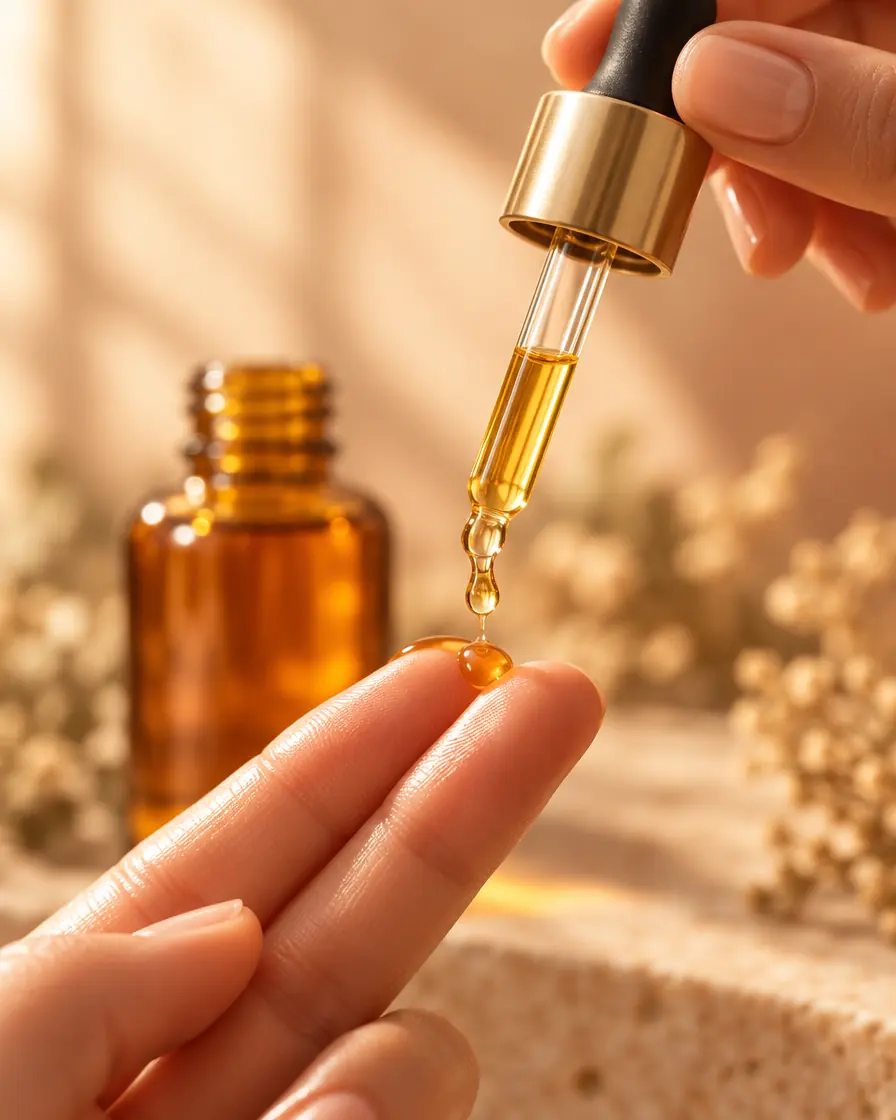A golden drop of oil falling from the dropper onto two fingertips