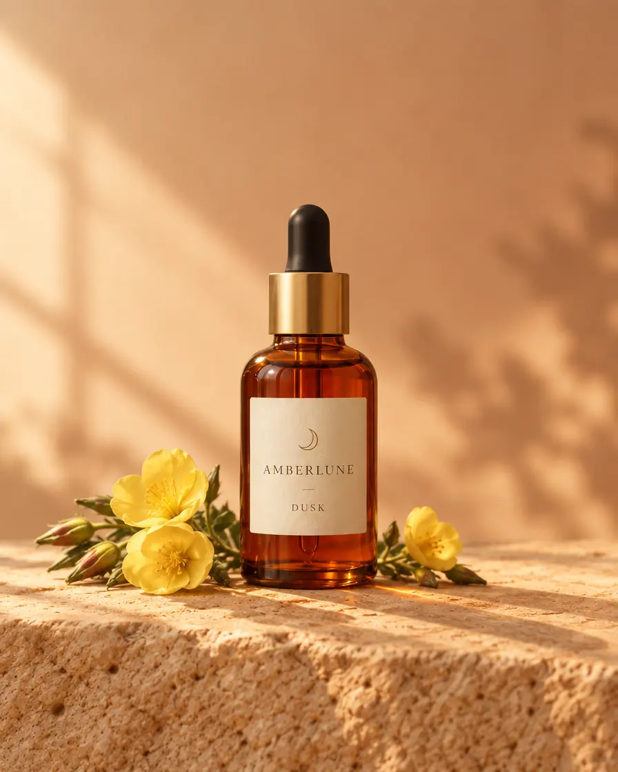 A bottle of Amberlune Dusk on warm sandstone beside evening primrose flowers