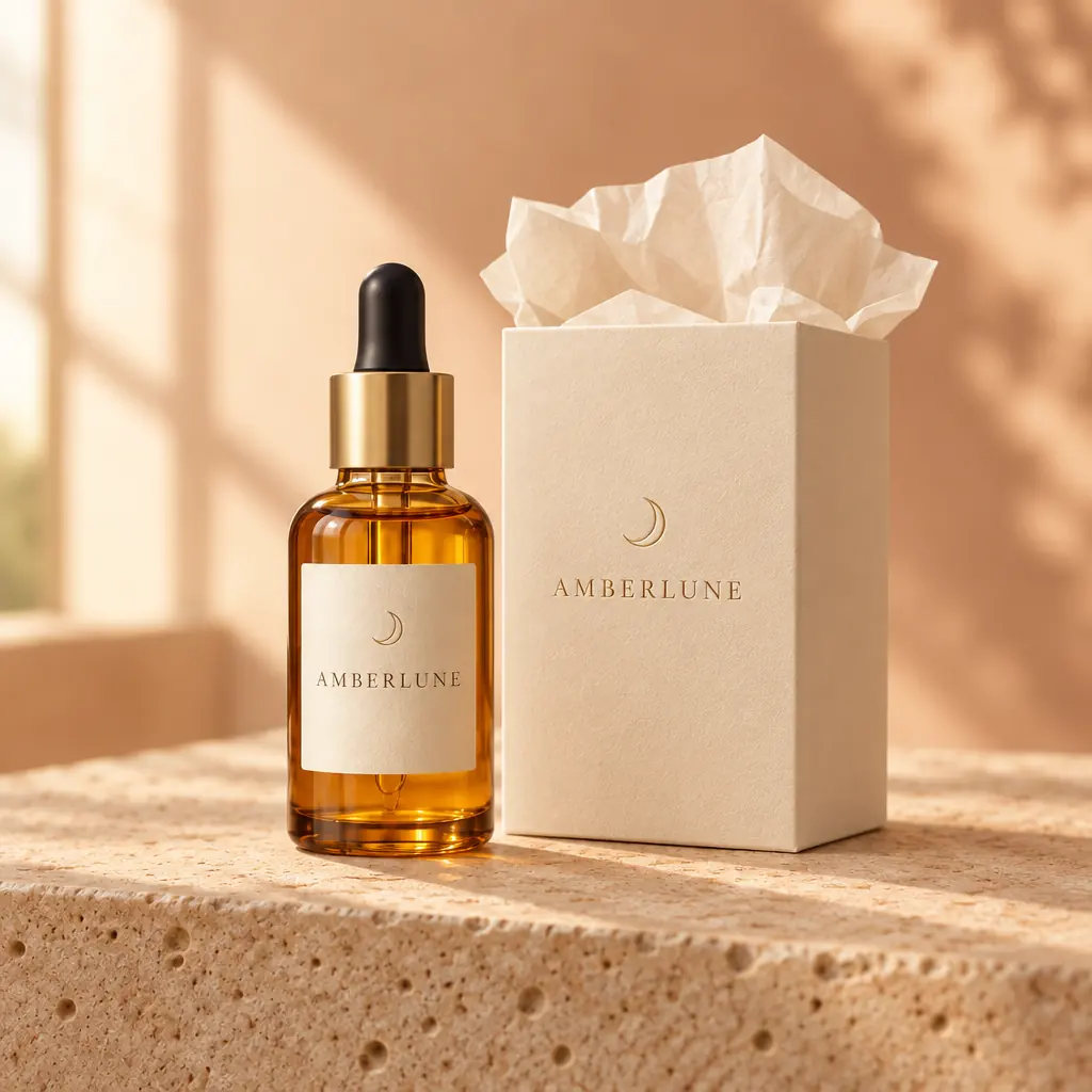 An Amberlune bottle beside its cream gift box and tissue paper