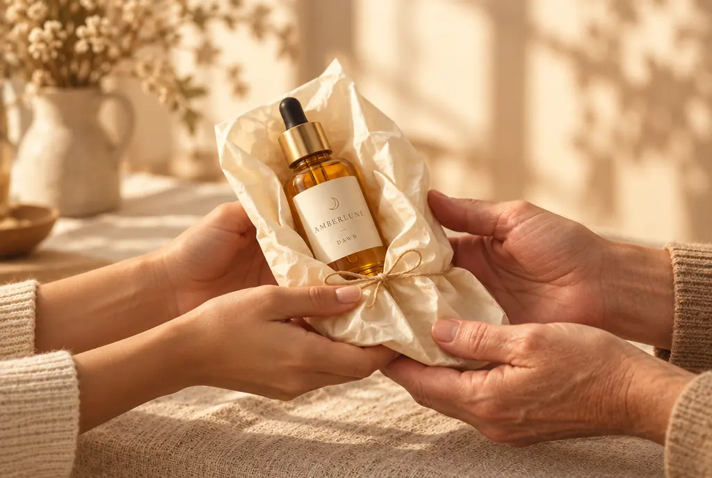 Two pairs of hands passing an Amberlune bottle wrapped in tissue