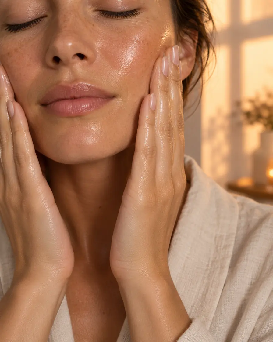 A woman with closed eyes pressing oil into her cheeks with both palms