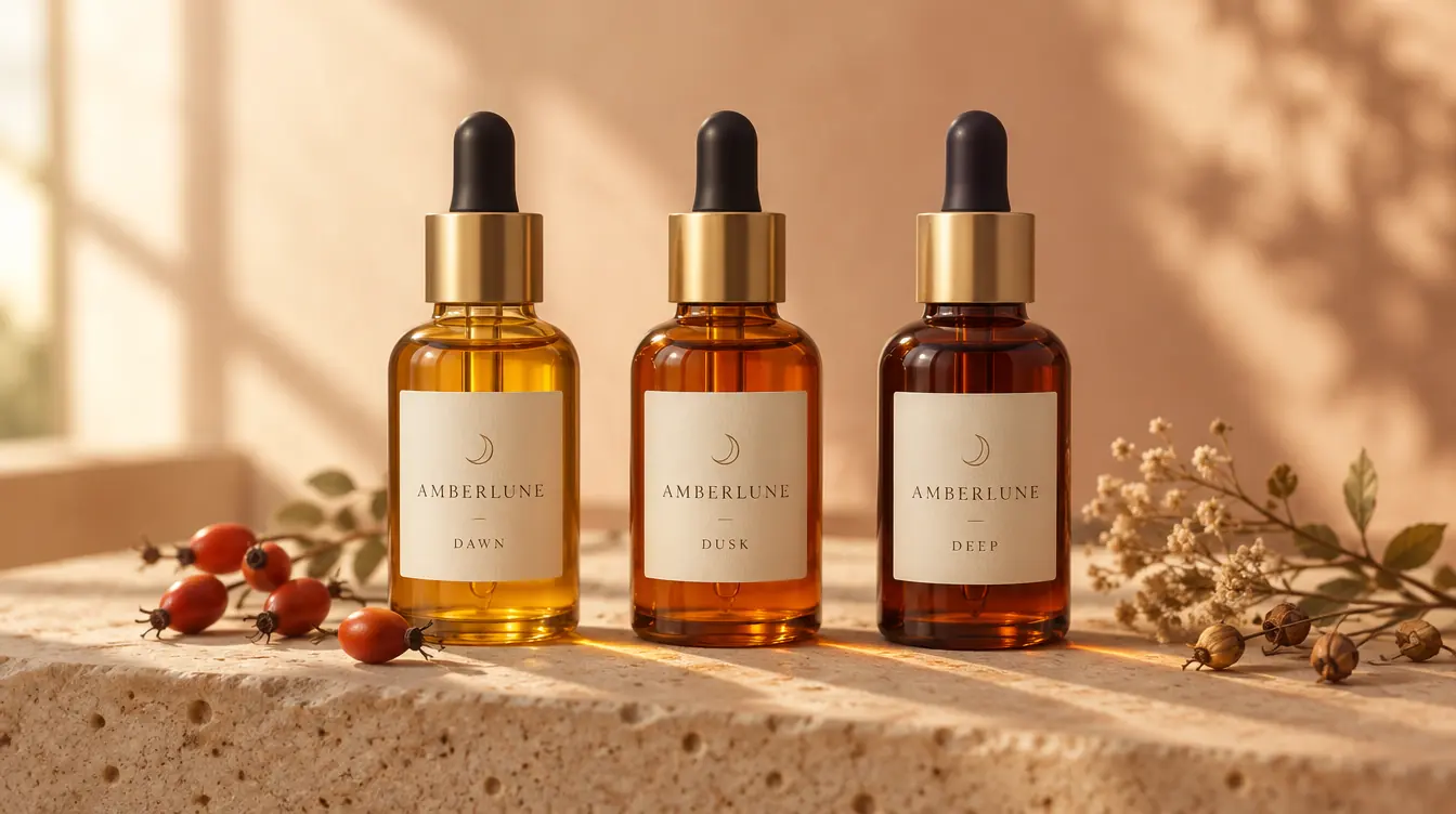Three Amberlune bottles, Dawn, Dusk and Deep, on a stone ledge in low sun